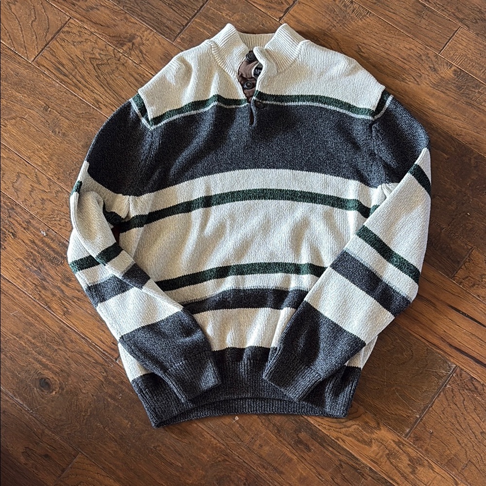 Chaps Striped Zip-Neck Sweater - Cream, Charcoal & Forest Green